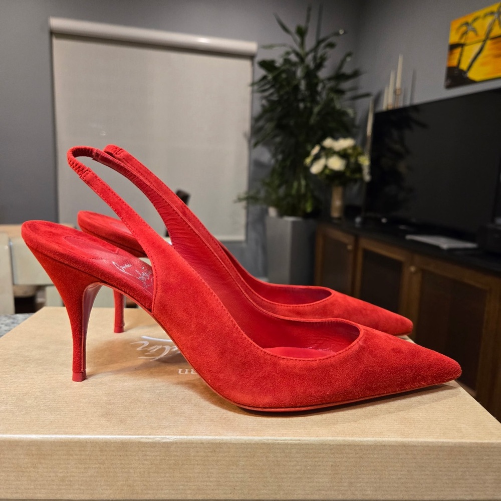 NEW Christian Louboutin Clare Sling 80mm Size 39 in Fiery Red Suede